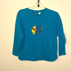 Vintage 90s Winnie the Pooh Floral Pullover Teal Crew Neck Sweater Small